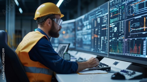 Industrial operator monitoring control systems in a high-tech facility data analysis environment professional setting focused perspective