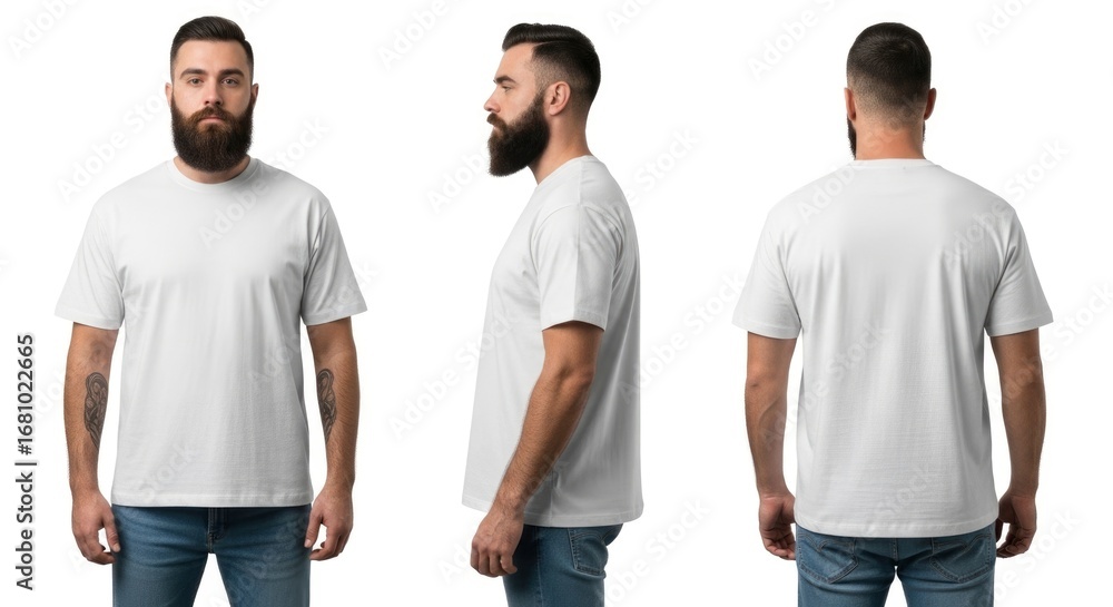 Obraz premium Bearded man in blank white t-shirt, front, side, and back views, isolated on white background. Perfect for apparel mockups and design.