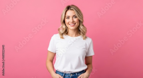 Smiling blonde woman in a white t-shirt and jeans, hands in pockets, on a pink background. Casual and friendly portrait.