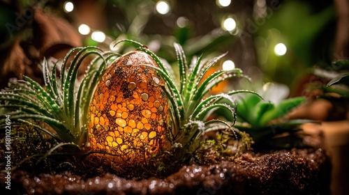 Ornate egg-shaped object nestled in plants, lit from within