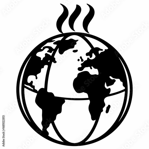 Black and white illustration of a globe with heat rising from it
