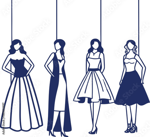 Stylish woman vector icons in frock and skirt fashion styles, ideal for beauty branding, luxury posters, and lifestyle designs.