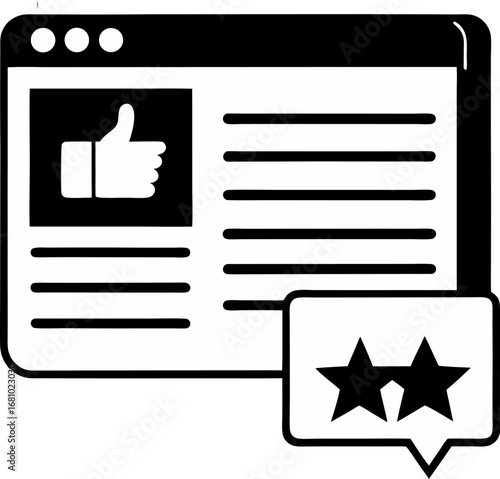 A black and white illustration of a web page with a thumbs up rating