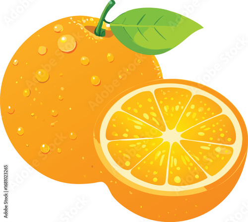 a juicy orange with water droplets realistic vector art