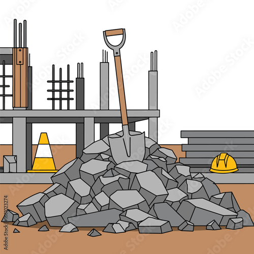 Cartoon depiction of a construction site with a shovel, pile of rocks, safety cone, and unfinished building structure vector illustration