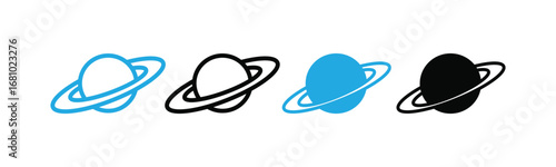 Minimalist planet icons in blue and black color schemes invite viewers to explore the cosmos. Perfect for astronomy, science, and design projects.