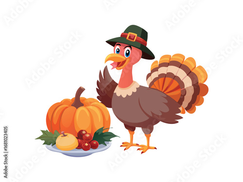 Smiling turkey wearing a pilgrim hat with harvest produce