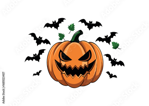 Spooky Jack o lantern surrounded by flying bats and autumn leaves