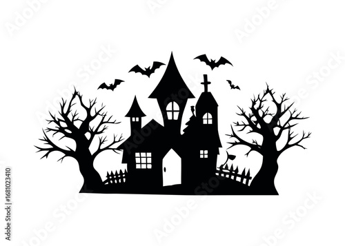 Spooky haunted mansion with bats and barren trees silhouette