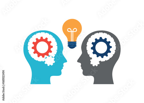 Two Heads with Interlocking Gears and Light Bulb Representing Collaboration and Innovation