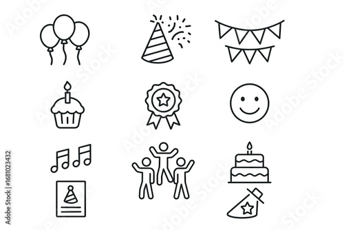 Party celebration icons: balloons, cake, music, and fun elements