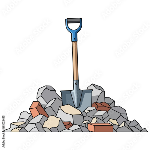 Cartoon shovel with a blue handle standing in a pile of mixed construction rubble including bricks and stones vector illustration