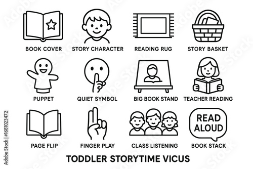 Toddler storytime icons: puppet, basket, reading