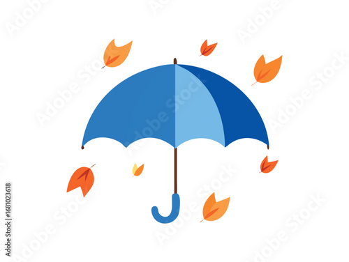 Stylized blue umbrella with falling autumn leaves on a transparent background
