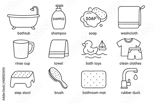 Bath time essentials: bathtub, shampoo, soap, washcloth, and more for kids