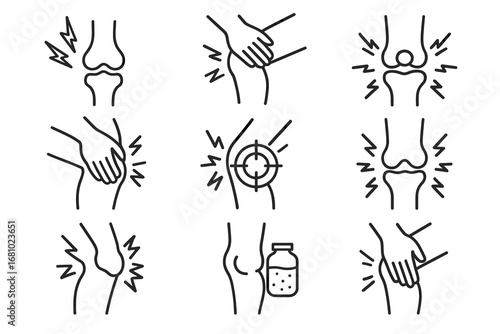 Knee pain and joint health: icons illustrating discomfort and relief solutions