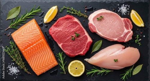 Assortment of fresh raw salmon, beef steak, pork chop, and chicken breast with herbs, lemon, and spices on a dark slate background. Healthy cooking...