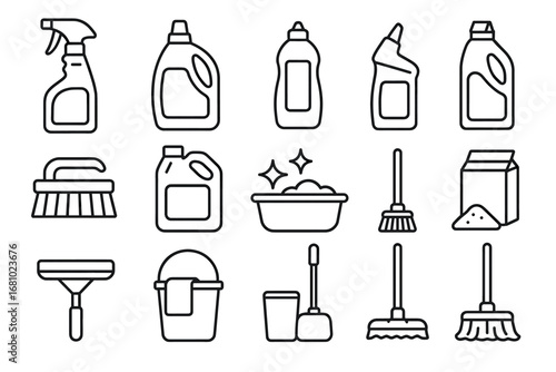 Outline icons of cleaning products and tools including mops, brushes, and detergents
