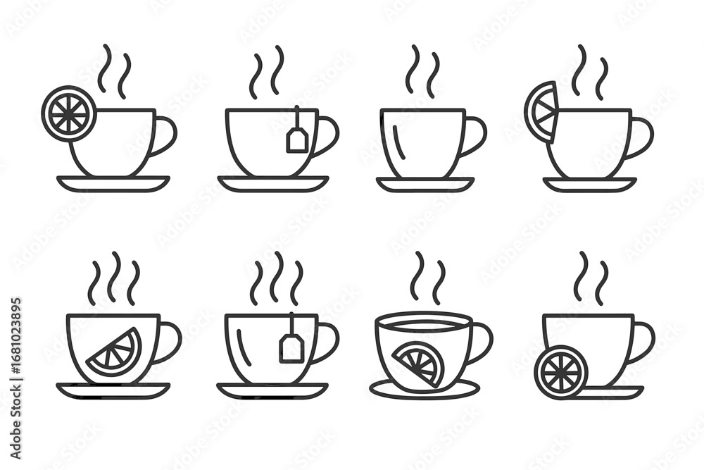 Obraz premium Minimalist line icons of tea and coffee cups with citrus garnish