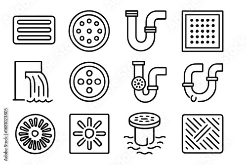 Variety of drainage and plumbing icon set with pipes and grates