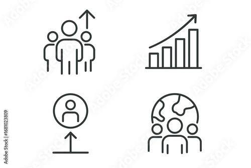 Team growth and global collaboration icons with graphs and people