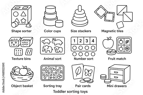 Toddler sorting toys for development: shape sorter, color cups, and stackers