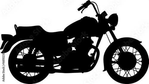 Bold motorcycle silhouette illustration, simple flat graphic, side view with wheels, seat, tank, and handlebars visible.