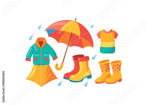 Collection of colorful rain gear and clothing on a transparent background