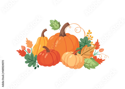 Autumn pumpkin arrangement with fall leaves and vines