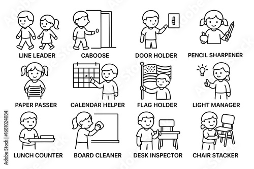 School classroom helpers: responsibilities of young caucasian students in various roles