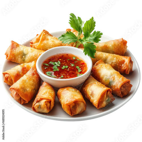 Crispy spring rolls served with sweet chili sauce garnished with fresh parsley presented on a white plate against a perfect appetizer on transparent background