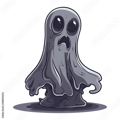 A grey ghost with large eyes and a surprised expression, dripping in a slime-like substance. This image could be used for websites or blogs about Halloween, spooky games, or ghostly stories.

