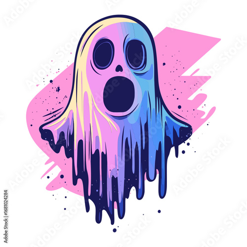 A spooky ghost with a wide-open mouth is depicted in a graphic illustration with a splash of color for websites or blogs about Halloween, spooky content, or pop culture.

