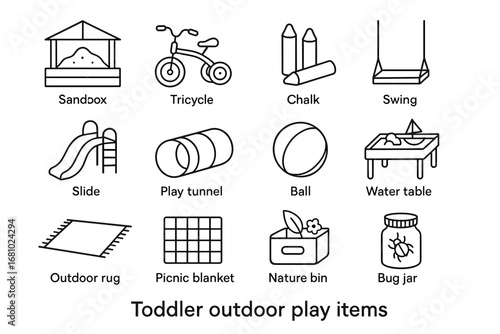 Toddler outdoor play items collection: sandbox, tricycle, slide, ball, swing, chalk