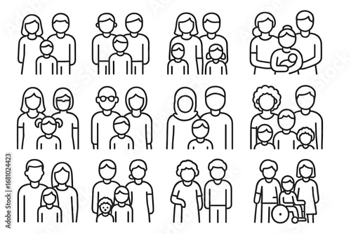 Diverse family icons: multigenerational and multicultural inclusive designs