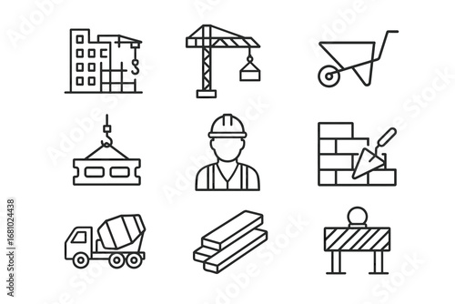 Construction icon set: tools, machinery, and worker symbols
