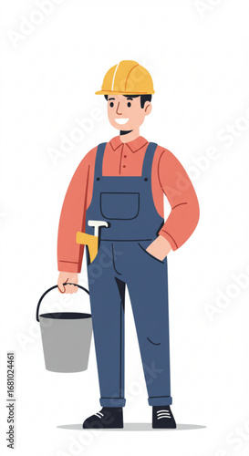 Smiling builder with bucket 