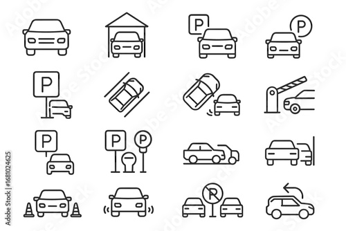 Parking icon set: cars, signs, and barriers in minimalist line style