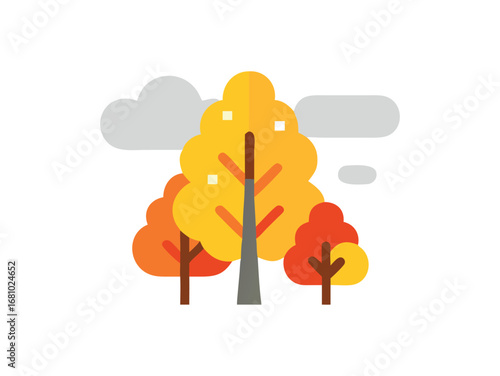Stylized autumn trees with overcast sky on transparent background