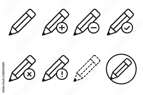 Set of pencil icons with symbols including plus minus check and alert
