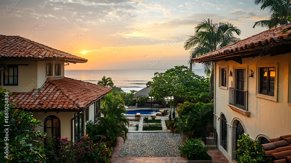 Fototapeta premium Aerial perspective of a luxurious Mediterranean style resort village with terracotta roofs palm trees swimming pools near the coast under a dramatic sunset sky (Architectural Design)
