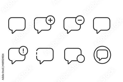 Set of eight minimalist chat bubble icons with various symbols