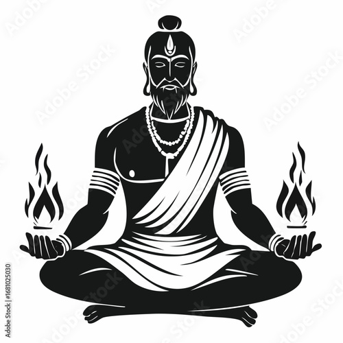 Silhouette of a Traditional Hindu Priest Meditating with Fire in Both Hands in a Mystical Dramatic Vector Illustration