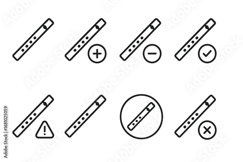 Set of simplified line icons of infused sticks with symbols for positive, negative, alert, prohibited, and confirmed states