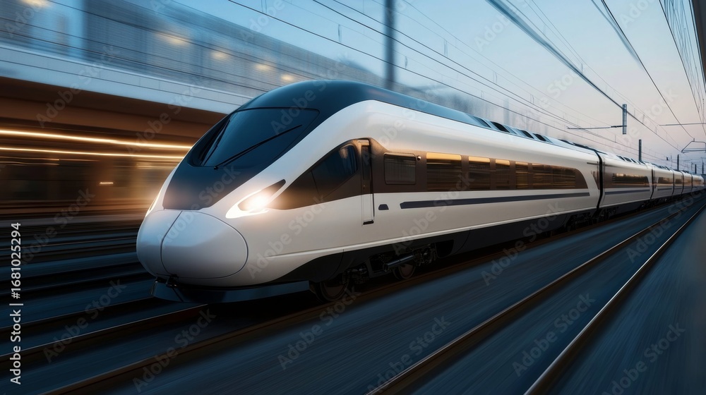 Fototapeta premium High-speed train traveling through urban landscape at twilight dynamic motion shot capturing modern transport technology and innovation