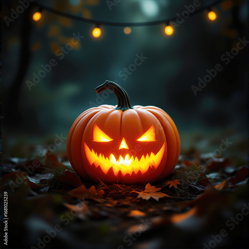 Halloween pumpkin glowing at night spooky festive mood representing autumn celebration and outdoor ambiance against dark forest background with fairy lights atmospheric scene 