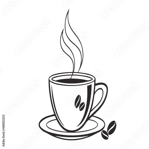 A steaming cup of coffee with coffee beans, perfect for a cafe menu or coffee shop branding