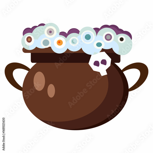 Vector illustration of a Halloween cauldron filled with eyeballs and spooky potion, cartoon style witchcraft element