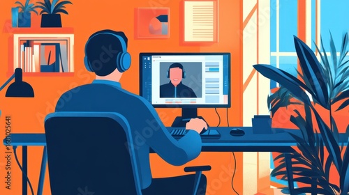 Freelancer working from home having video conference call wearing headphones