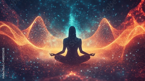Woman meditating in lotus pose with energy waves and particles flowing around her